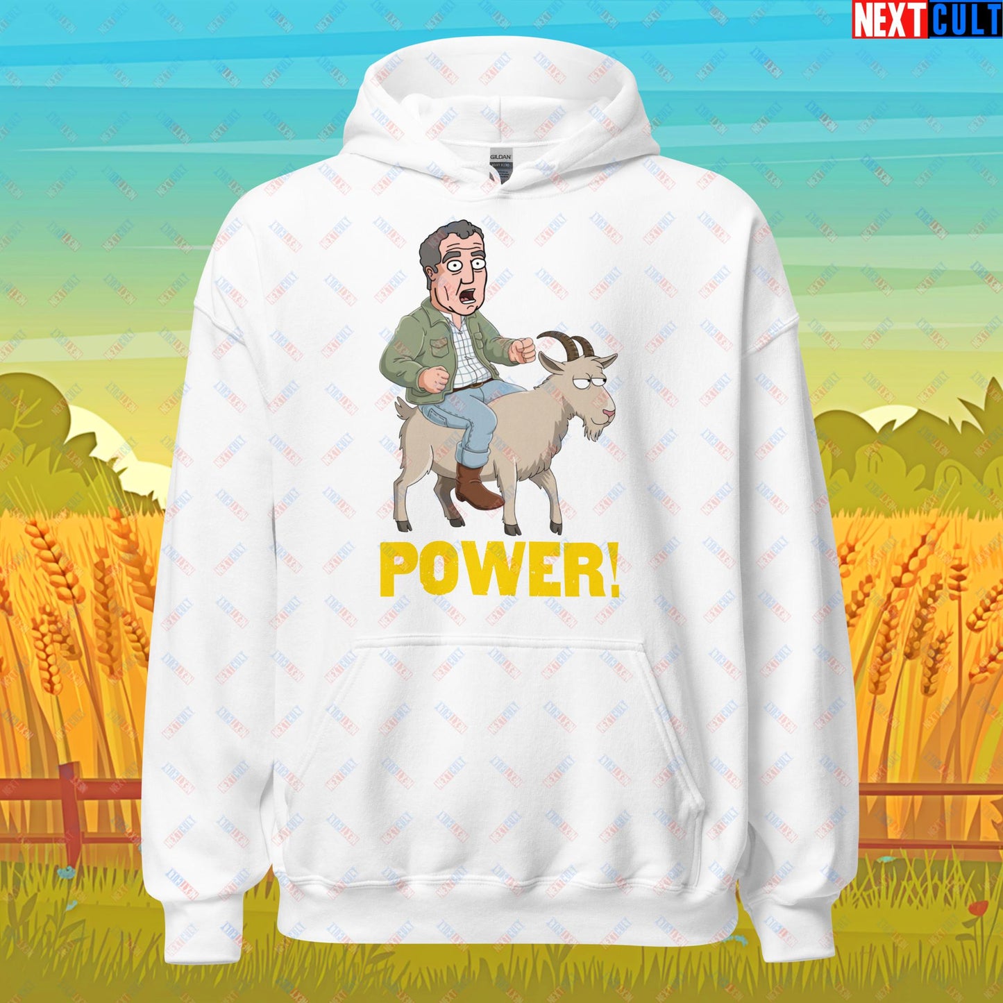 Speed and Power Goat Jeremy Clarkson's Farm Diddly Squat Grand Tour Top Gear Funny Meme Cartoon Unisex Hoodie White Hoodies Clarkson's Farm Grand Tour Jeremy Clarkson Top Gear TV Shows Next Cult Brand