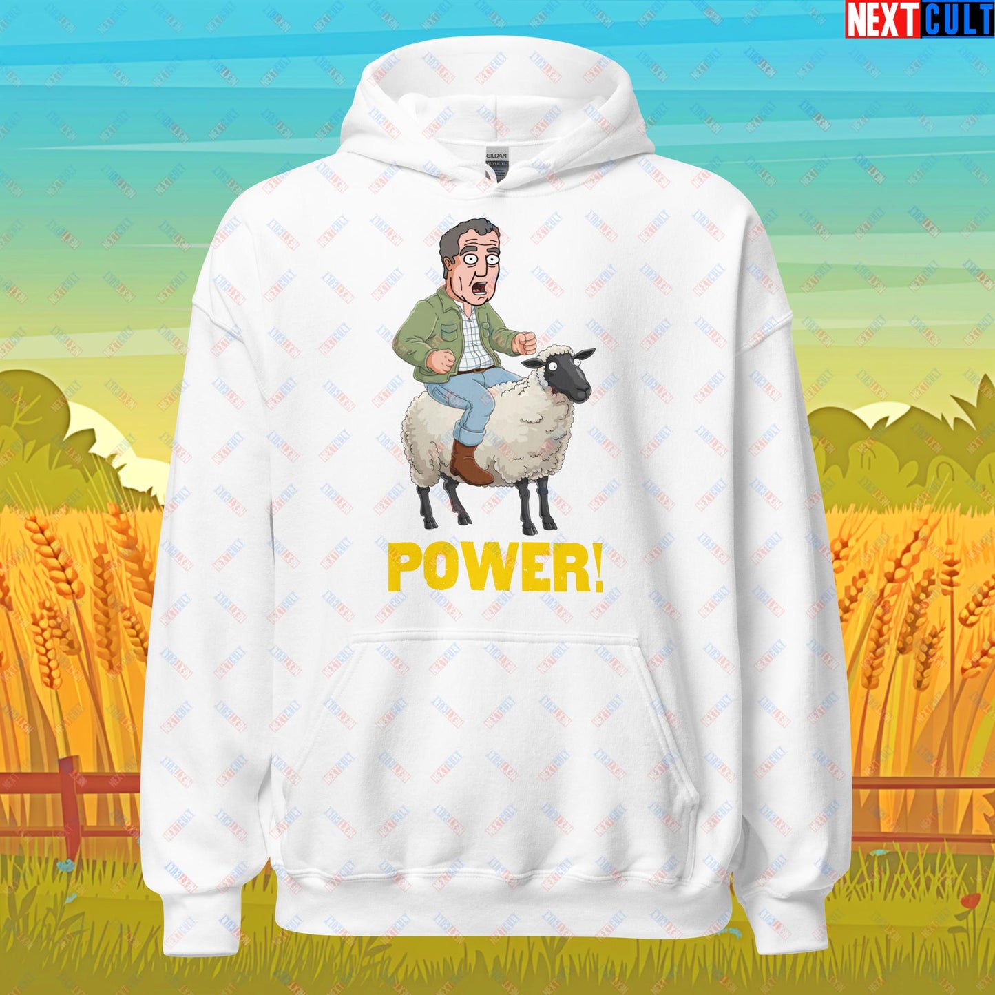 Power Sheep Jeremy Clarkson's Farm Diddly Squat Grand Tour Top Gear Funny Meme Cartoon Unisex Hoodie White Hoodies Clarkson's Farm Grand Tour Jeremy Clarkson Top Gear TV Shows Next Cult Brand