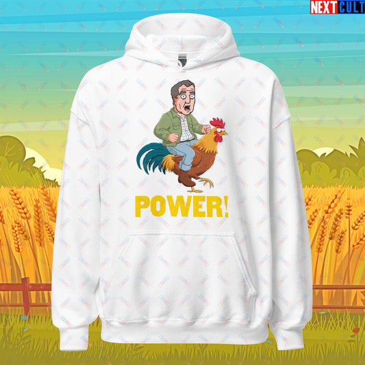 Power Rooster Chicken Farming Jeremy Clarkson's Farm Diddly Squat Grand Tour Top Gear Funny Meme Cartoon Unisex Hoodie White Hoodies Clarkson's Farm Grand Tour Jeremy Clarkson Top Gear TV Shows Next Cult Brand