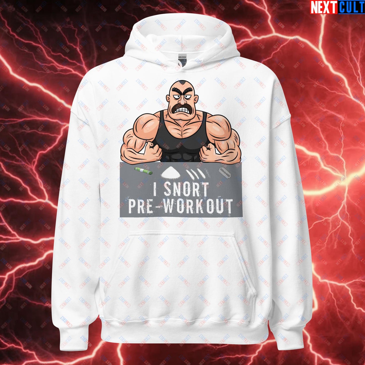 I Snort Pre-workout Gym Bro Fitness Bodybuilding Workout Weightlifting Powerlifting Funny Meme Cartoon Unisex Hoodie White Hoodies Fitness Gym Workout Next Cult Brand