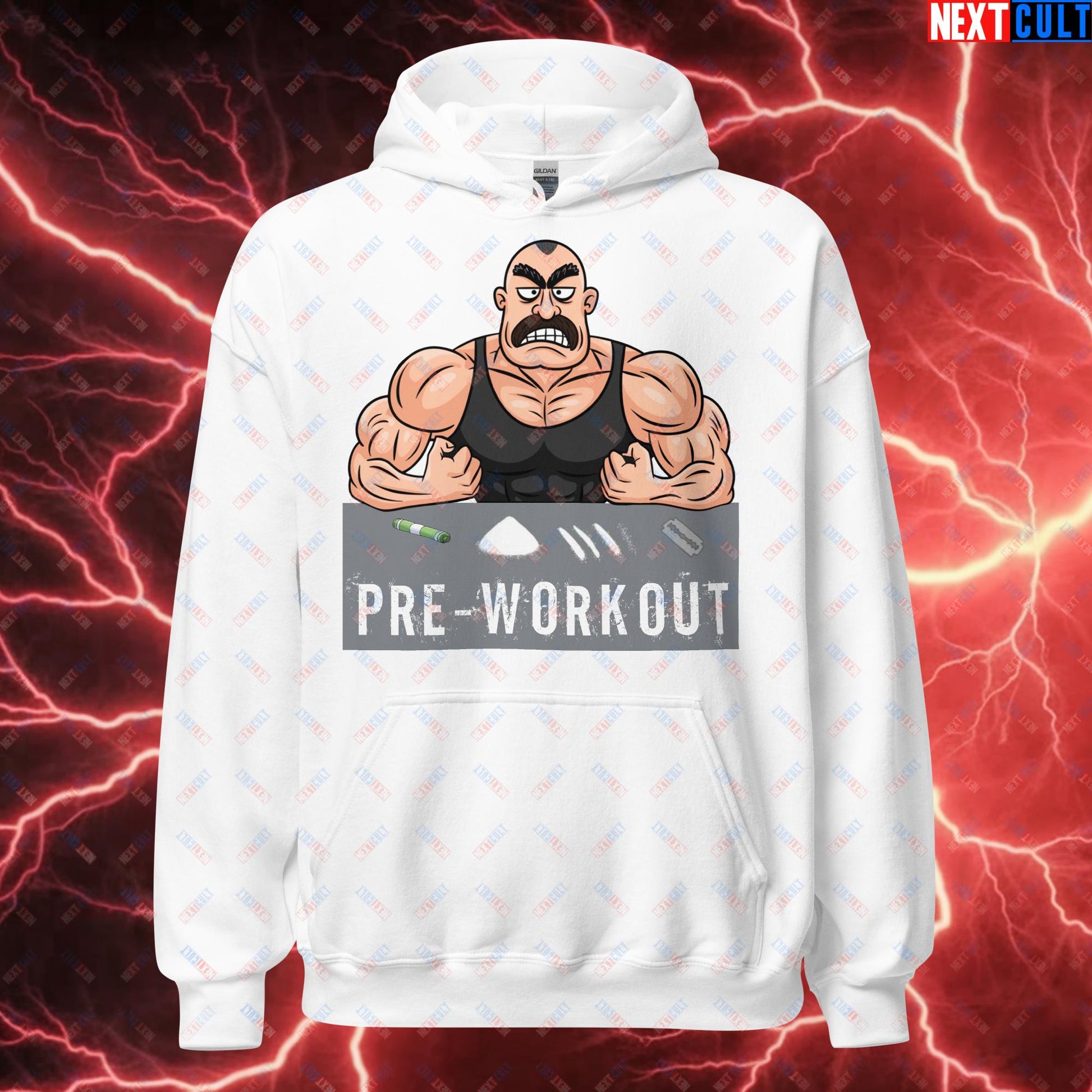 I Love Pre-workout Gym Bro Fitness Bodybuilding Workout Weightlifting Powerlifting Funny Meme Cartoon Unisex Hoodie White Hoodies Fitness Gym Workout Next Cult Brand