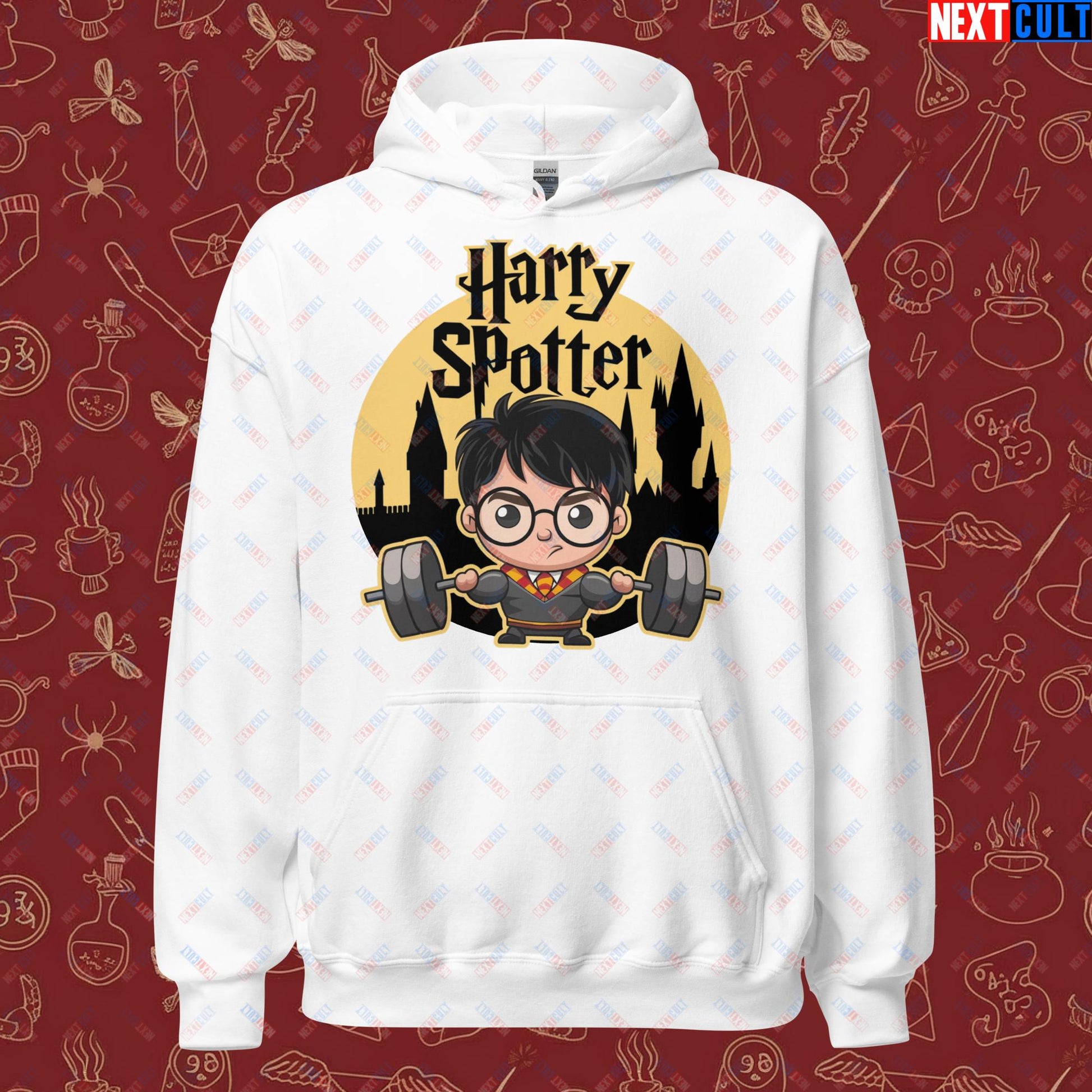 Harry Spotter Funny Gym Meme Weightlifting Bodybuilding Fitness Workout Unisex Hoodie White Hoodies Fitness Gym Workout Next Cult Brand