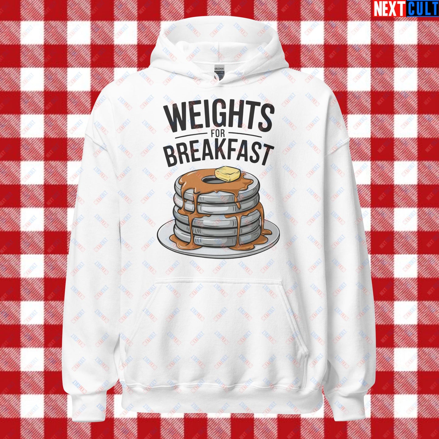 Weights For Breakfast Pancake Weights Funny Gym Workout Fitness Lifting Meme Cartoon Unisex Hoodie White Hoodies Bodybuilding Bulking Fitness Gym Workout Next Cult Brand