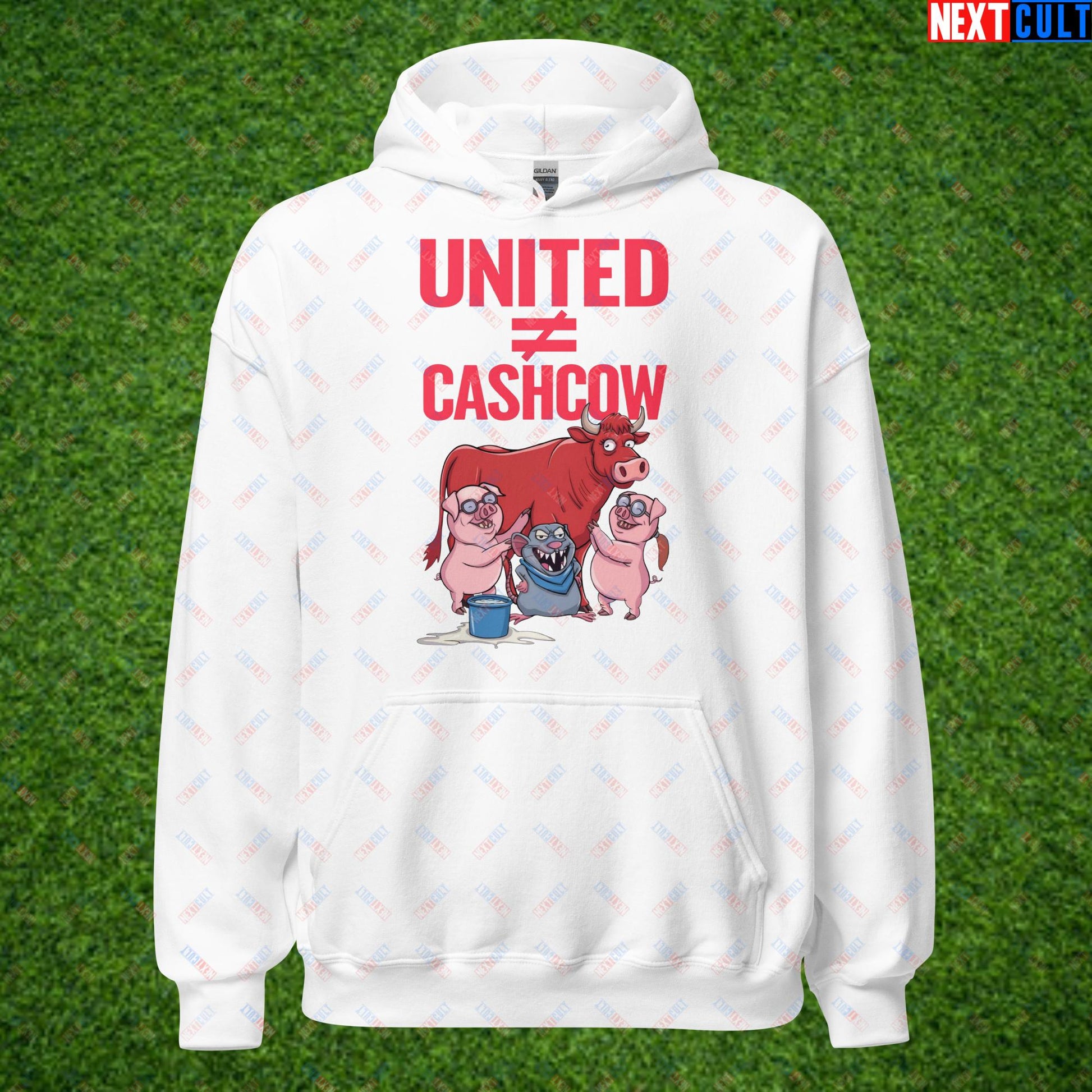 Manchester United Is Not A Cashcow Glazers Out Ineos Out Ratcliffe Out Protest Unisex Hoodie White Hoodies Football GlazersOut Manchester United RatcliffeOut Next Cult Brand