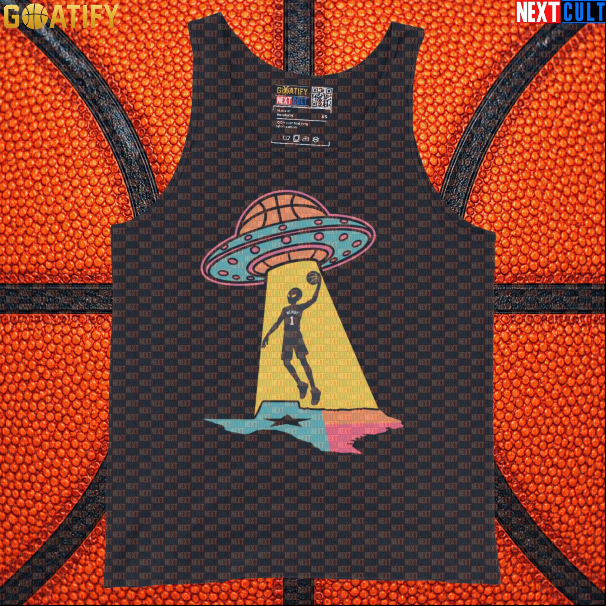 Basketball Tank Top Alien Wemby UFO Abduction Design for Spurs Fans and Summer Game Days |  | ["Basketball", "France", "NBA", "San Antonio Spurs", "Victor Wembanyama", "Wemby"]