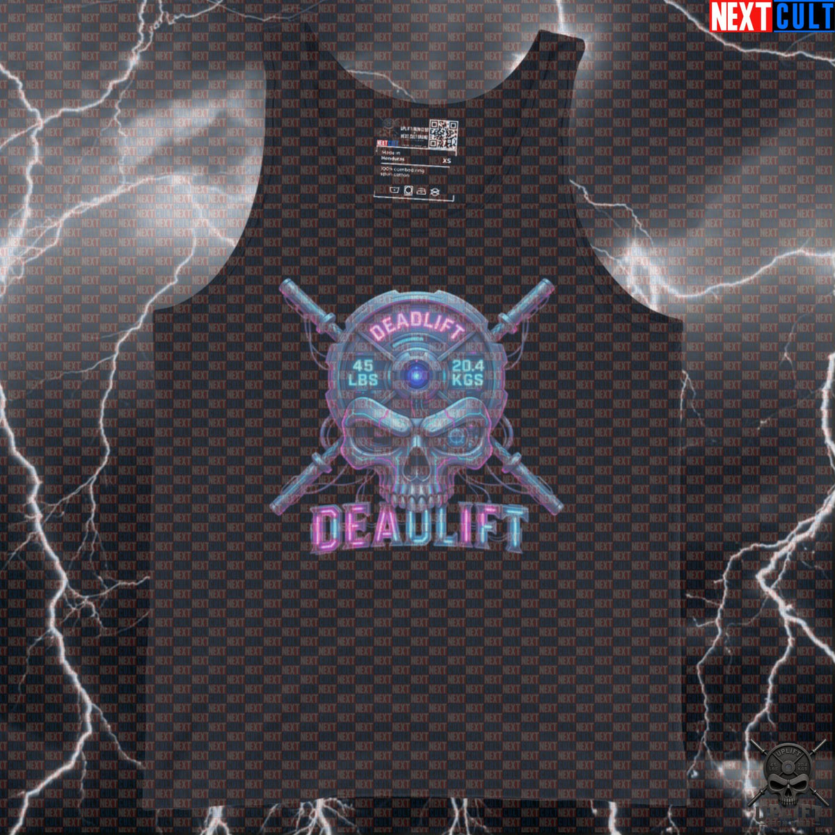 Deadlift Tank Top Cyberpunk Skull Muscle Shirt for Powerlifters, Neon Gym Training | Tank Tops | ["Bodybuilding", "Fitness", "Gym", "Leg Day", "NCB", "Powerlifting", "Workout"]