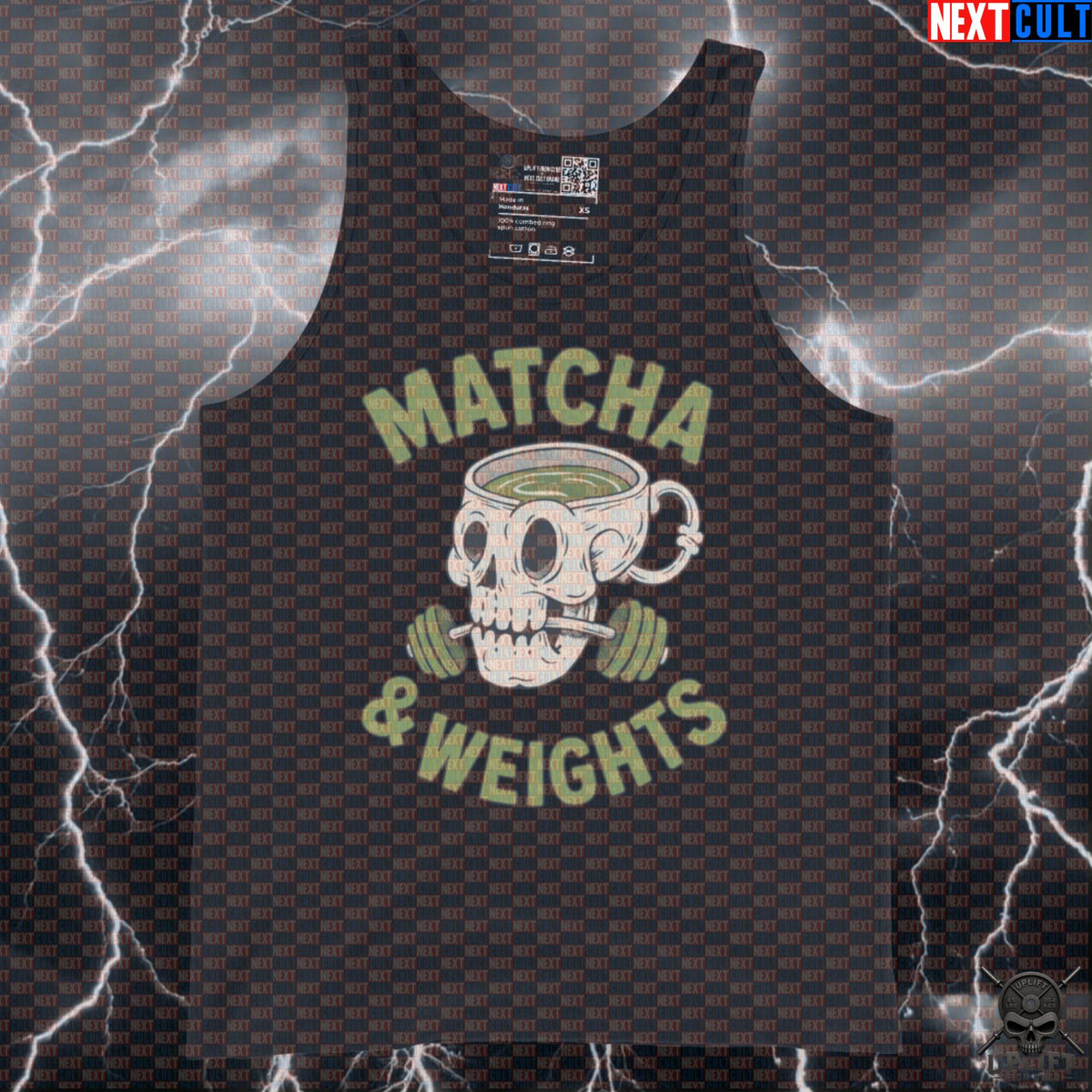 Matcha and Weights Tank Top for Lifters, Green Tea Fans and Workout Days | Tank Tops | ["Bodybuilding", "Coffee", "Fitness", "Gym", "NCB", "Powerlifting", "Workout"]