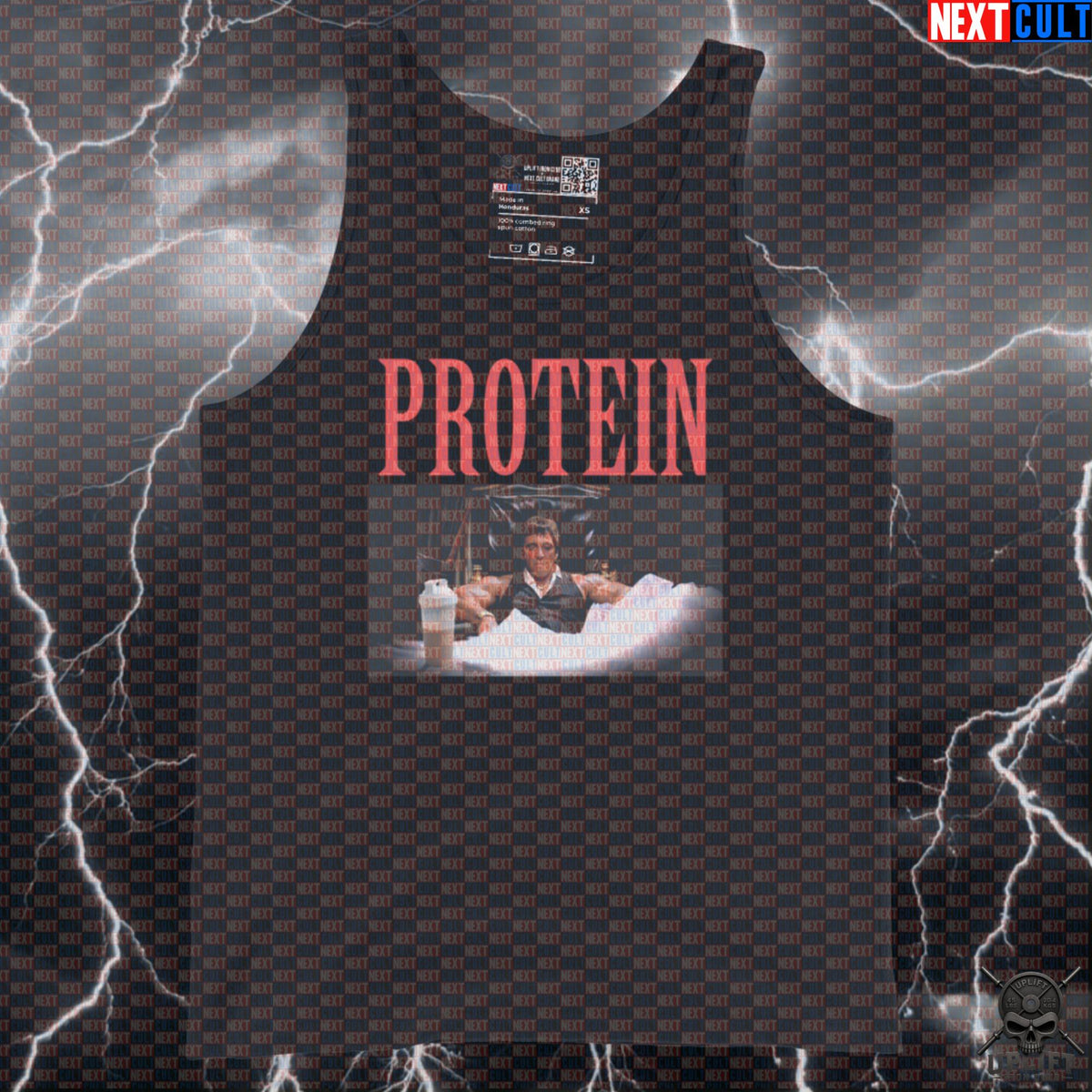 Protein Tank Top Miami Gym Meme for Bodybuilders, Lifters & Movie Buffs | Tank Tops | ["Bodybuilding", "Films", "Fitness", "Gym", "NCB", "Protein", "Scarface", "Workout"]