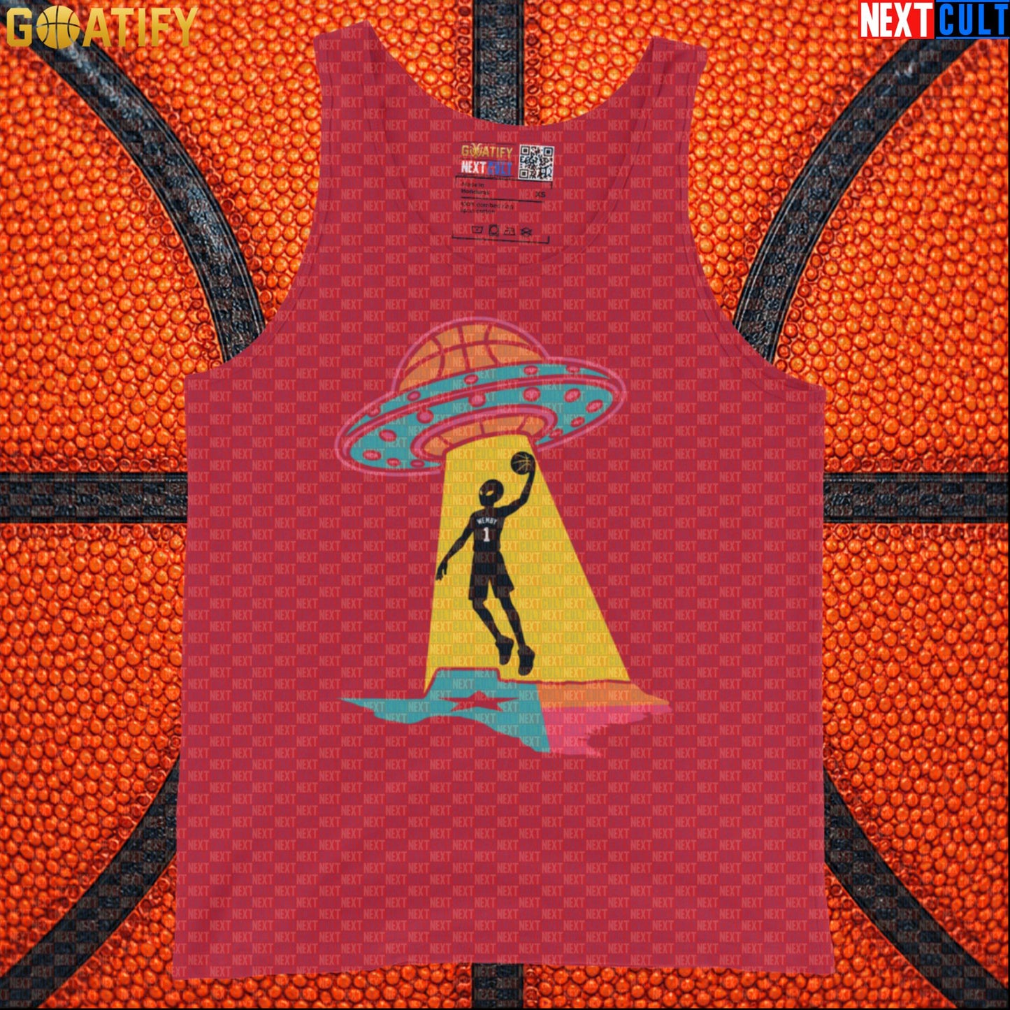 Basketball Tank Top Alien Wemby UFO Abduction Design for Spurs Fans and Summer Game Days |  | ["Basketball", "France", "NBA", "San Antonio Spurs", "Victor Wembanyama", "Wemby"]