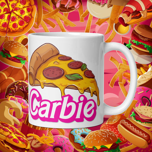 Carbie Barbie I Love Carbs I Love Pizza White glossy mug Next Cult Brand