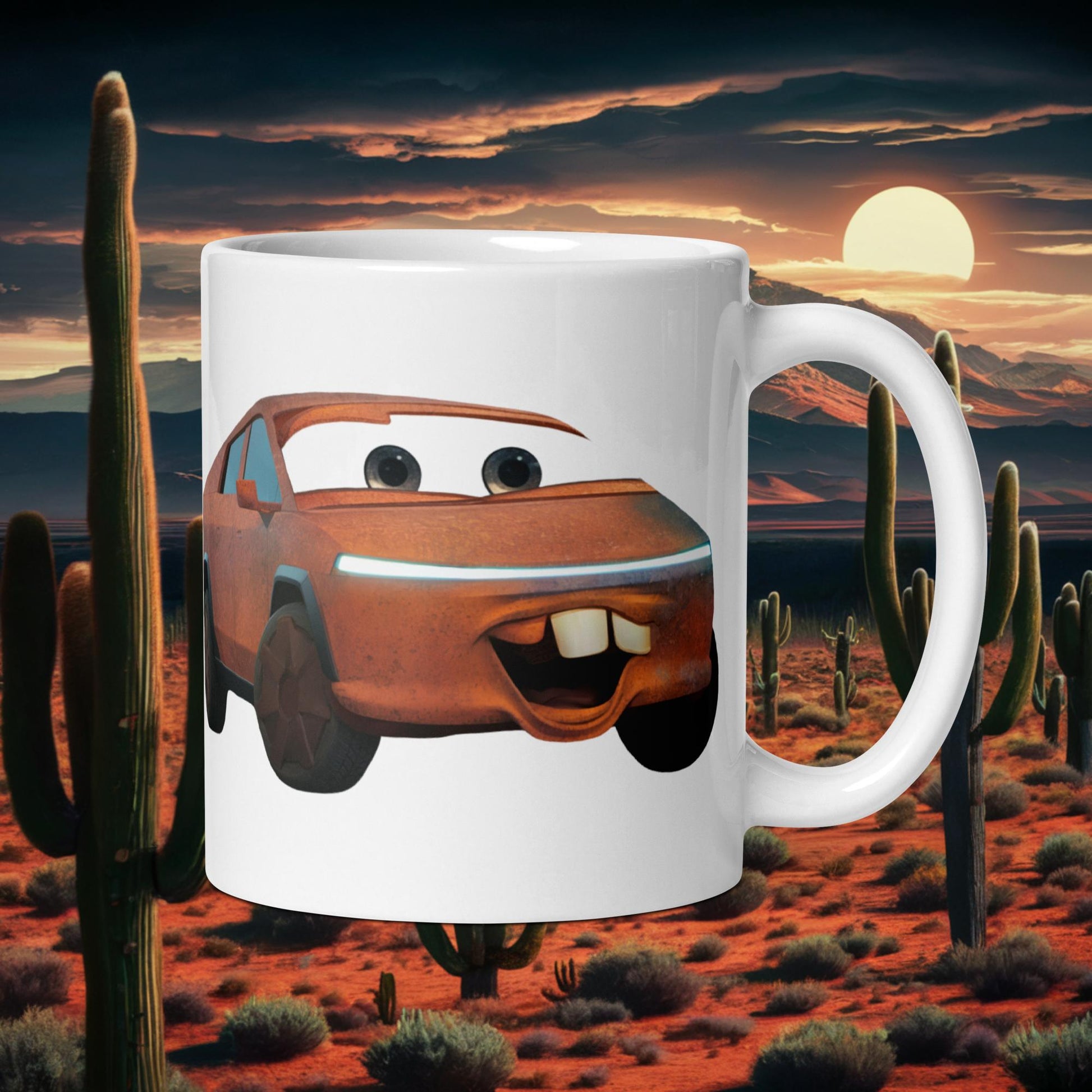 Rusty Tesla Cybertruck Elon Musk Cars Movie Tow Mater White glossy mug Next Cult Brand