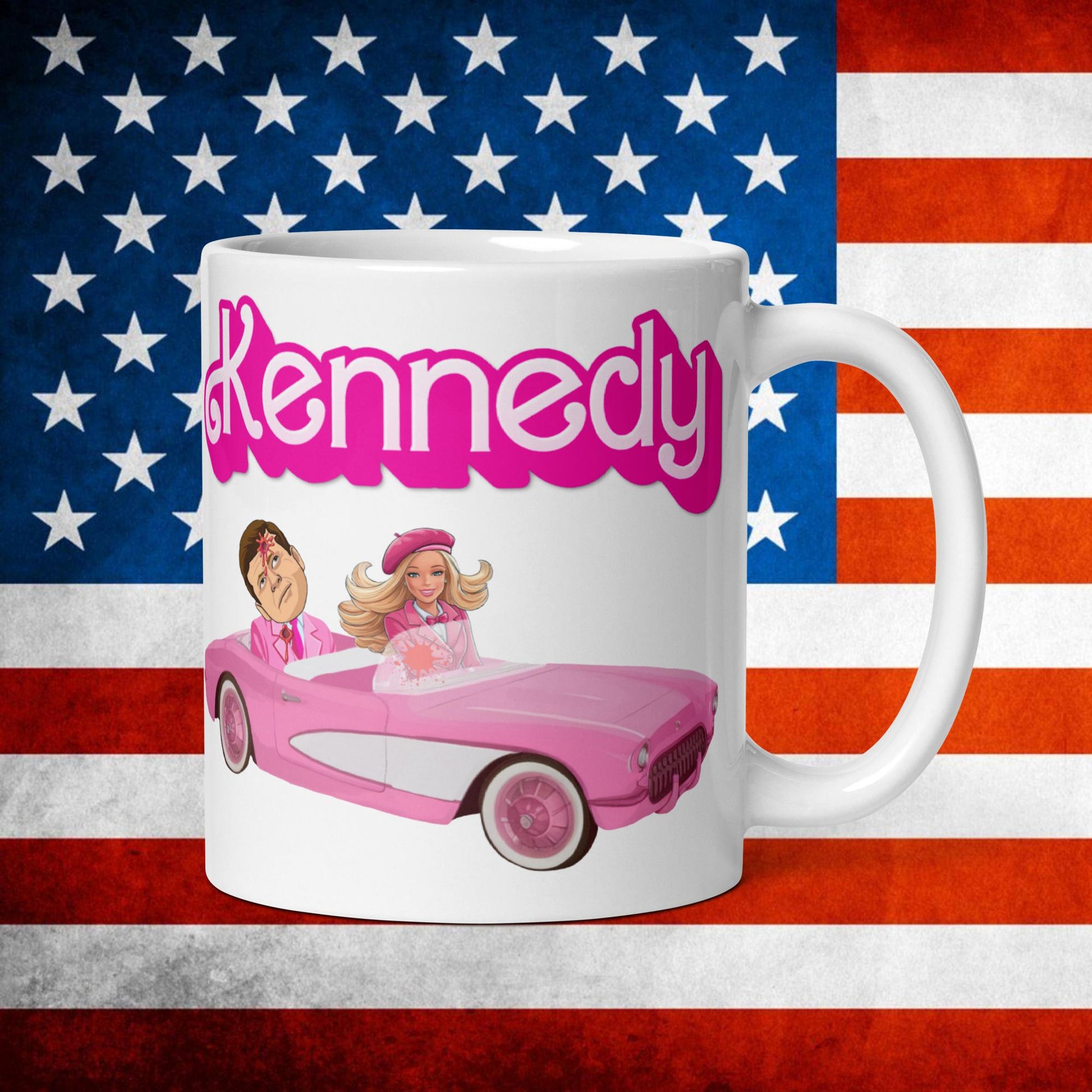 Kennedy JFK Conspiracy Ken Barbie Movie White glossy mug Next Cult Brand