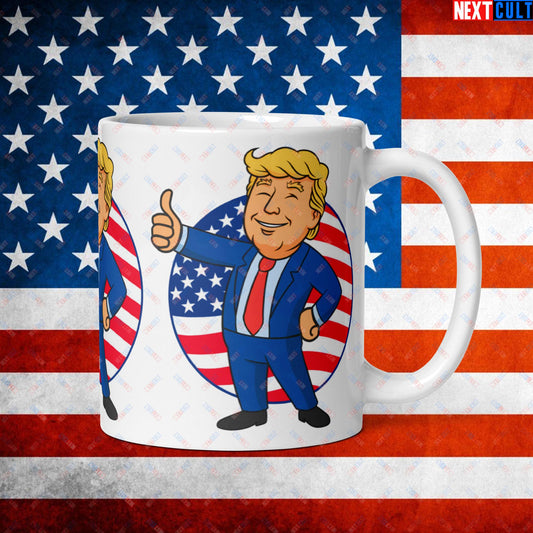 President Boy Donald Trump Politics Vault Boy Fallout Funny Meme Cartoon Mashup White glossy mug Default Title Mugs Donald Trump Fallout Politics Republicans Vault Boy Next Cult Brand