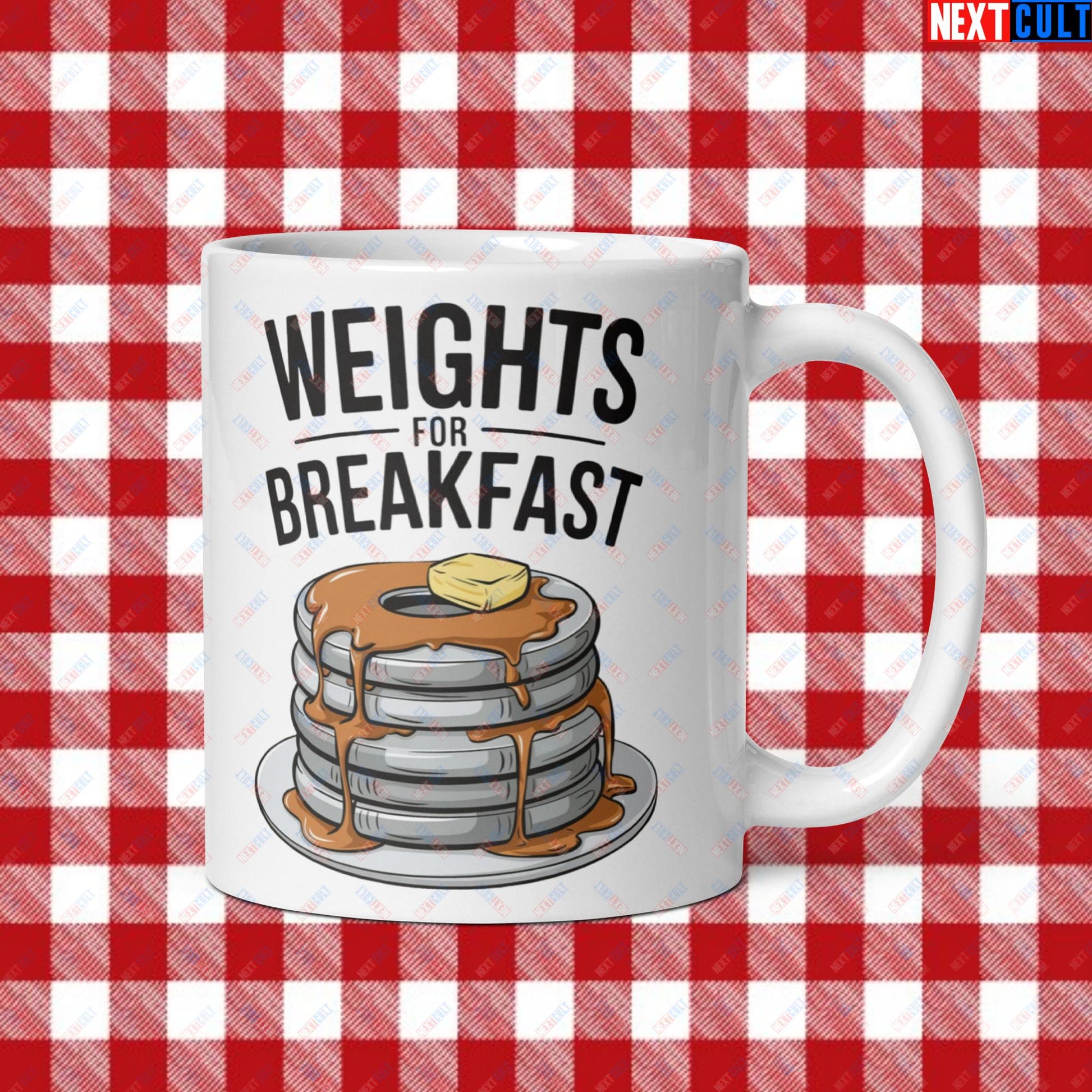 Weights For Breakfast Pancake Weights Funny Gym Workout Fitness Lifting Meme Cartoon White glossy mug Default Title Mugs Bodybuilding Bulking Fitness Gym Workout Next Cult Brand